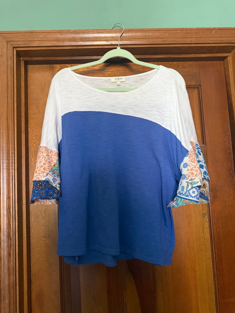 Umgee Blue White and Multicolor Patterned Bell Sleeve Top